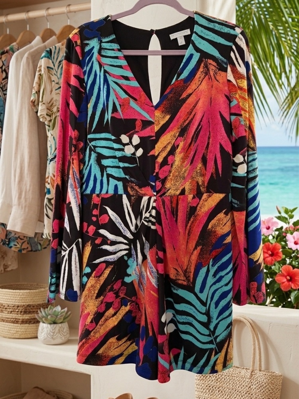 New York & Company Black Romper with Turquoise & Pink Accents